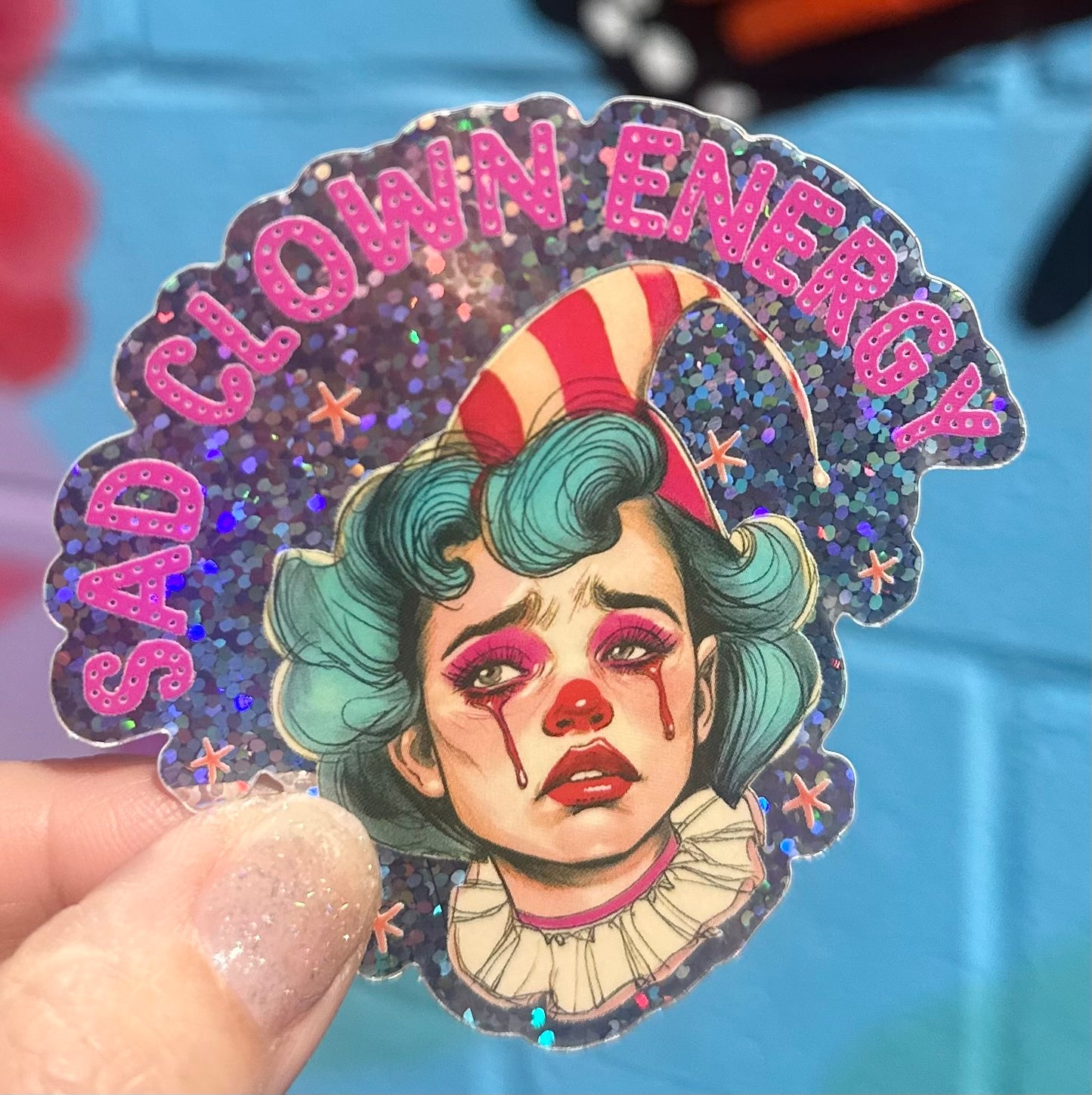 Sad Clown Energy Glitter Sticker