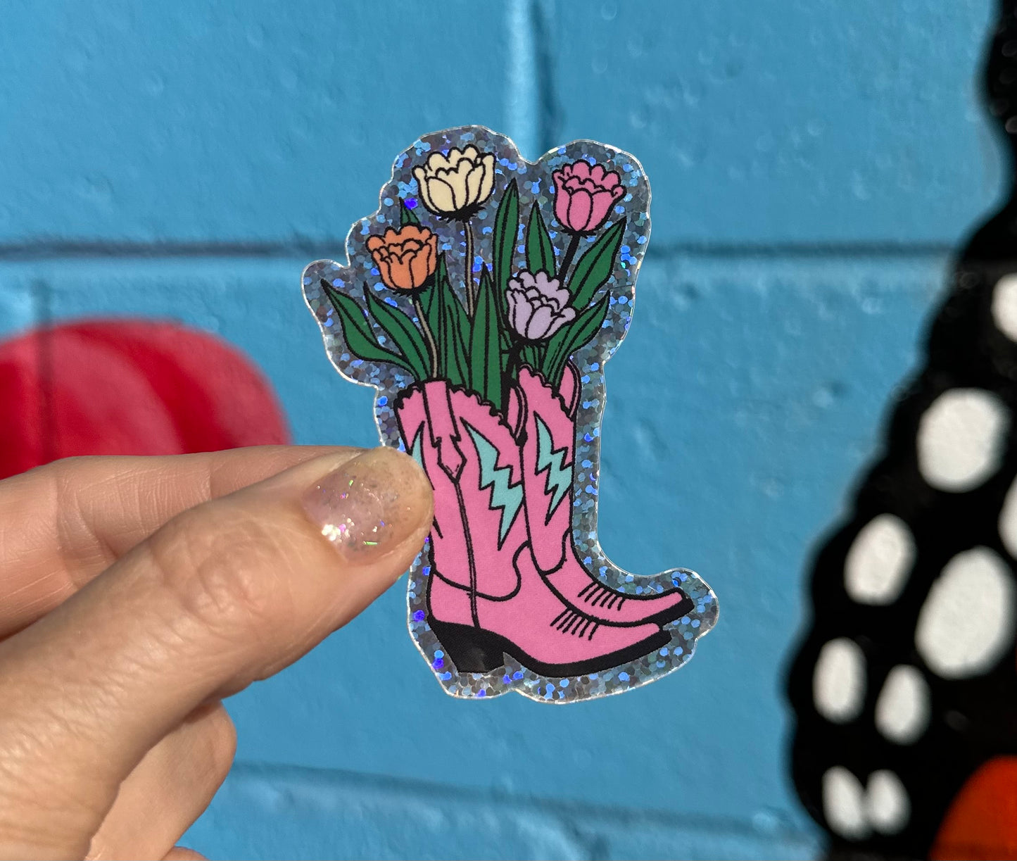 Cowboy Boot & Flowers Glitter Sticker