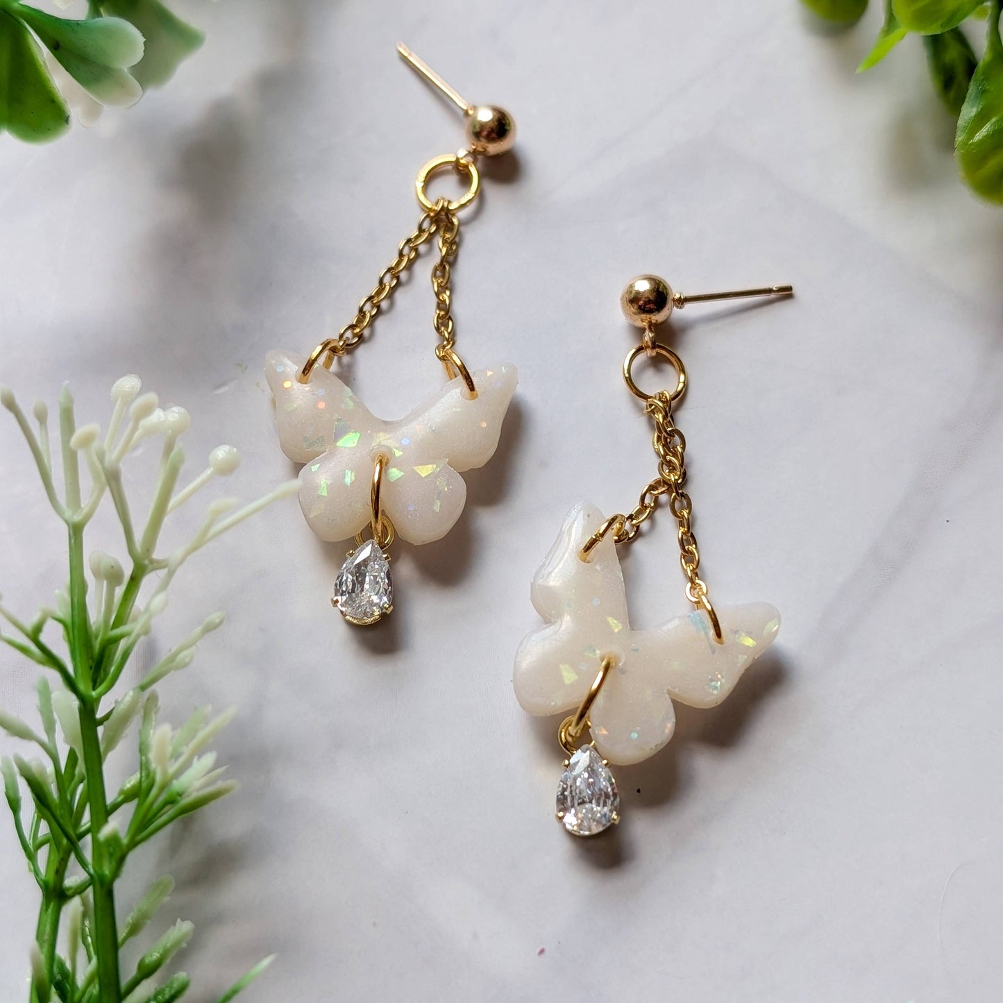 Gold Faux Opal Butterfly Stud Earrings