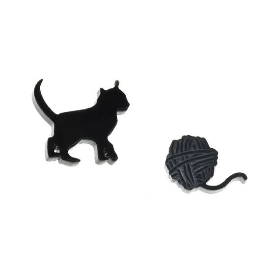 Kitty and Yarn Pierced Studs - Solid Black
