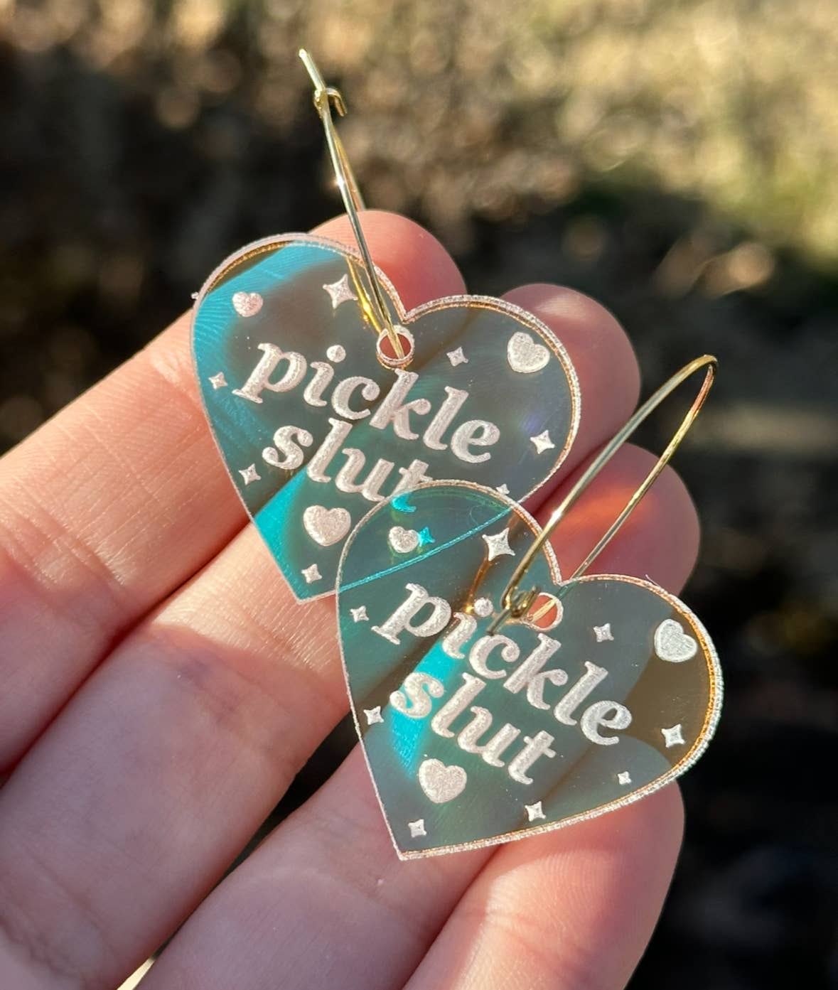 Pickle Slut Iridescent Heart Hoop Earrings