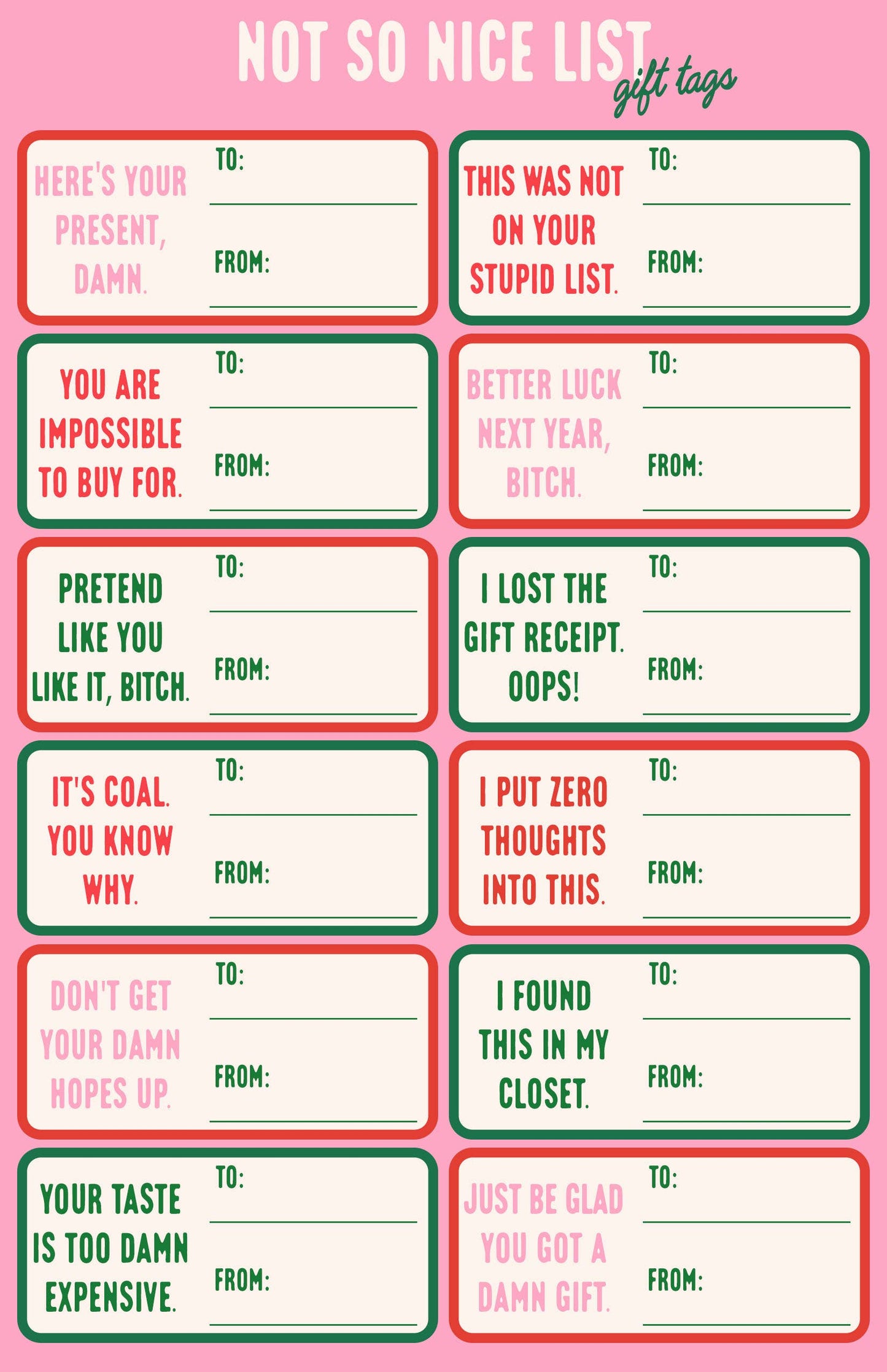 Not So Nice List Snarky Christmas Gift Tags