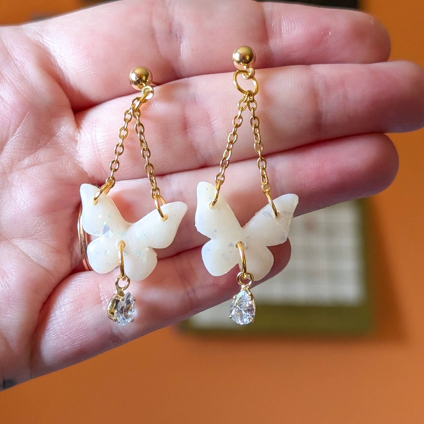 Gold Faux Opal Butterfly Stud Earrings