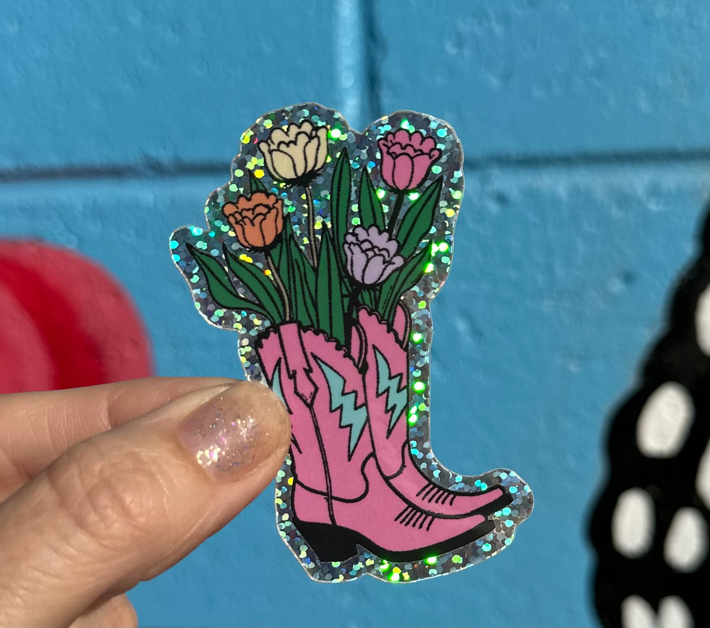 Cowboy Boot & Flowers Glitter Sticker