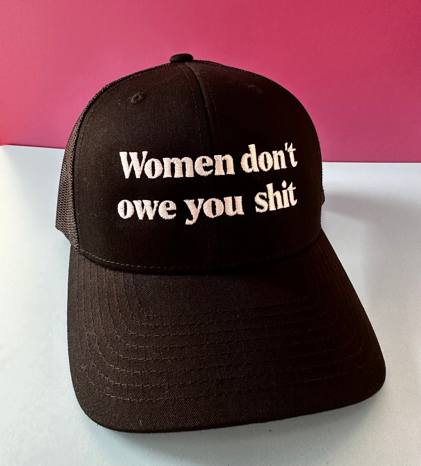 Load image into Gallery viewer, Women Don&amp;#39;t Owe You Shit Embroidered Retro Trucker Hat
