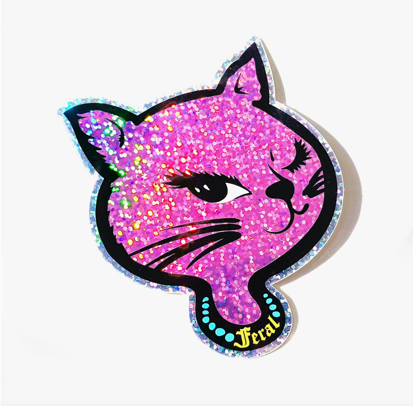 Load image into Gallery viewer, Feral 90s Winking Sassy Cat Holographic Glitter Sticker
