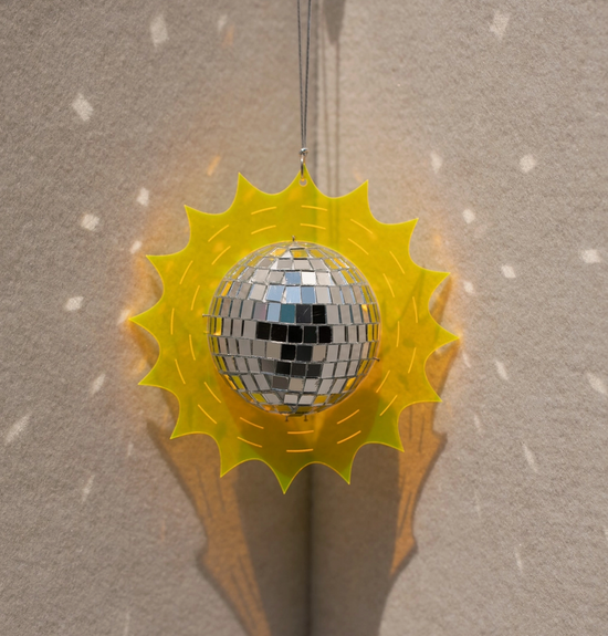 Disco Ball Framed in Yellow Acrylic Sunburst