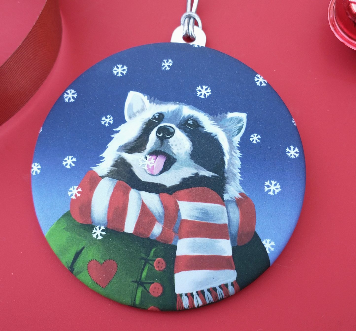 Raccoon Catching Snowflakes Holiday Ornament