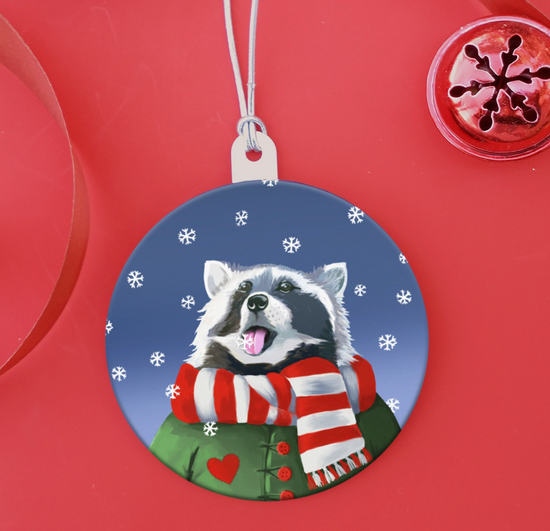 Raccoon Catching Snowflakes Holiday Ornament