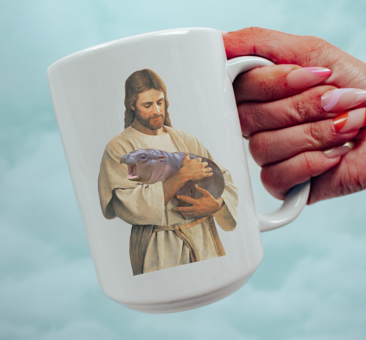 Jesus Holding Moo Deng 15 oz Mug