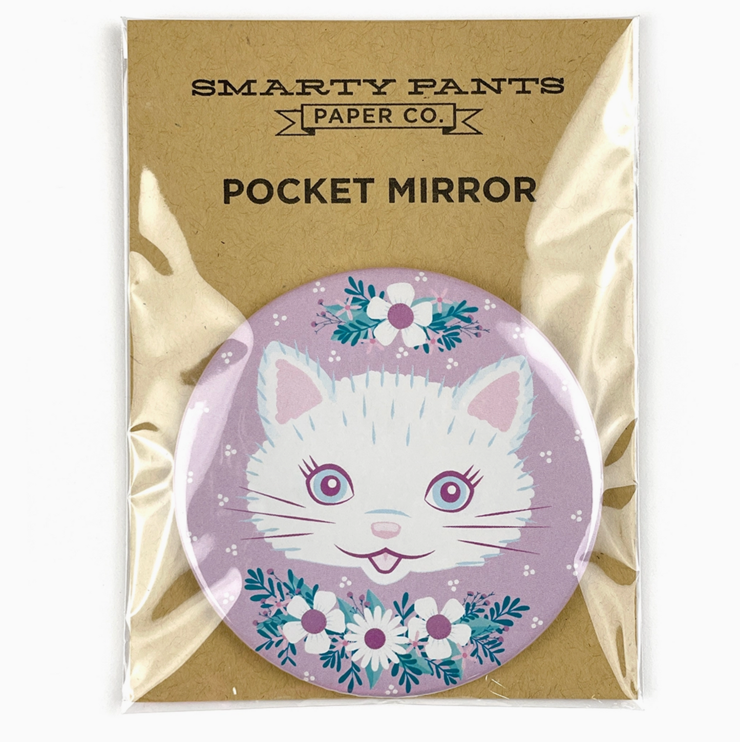 White Cat Floral Pocket Mirror