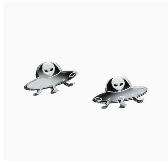 Shiny Silver Acrylic UFO Stud Earrings