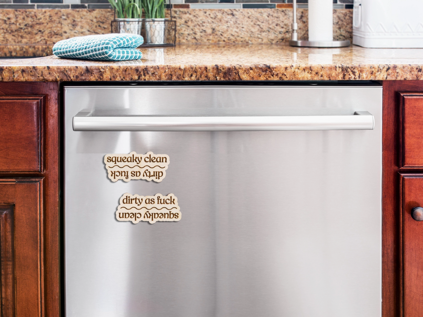 Dirty As Fuck/Sqeaky Clean Wooden Engraved Magnet
