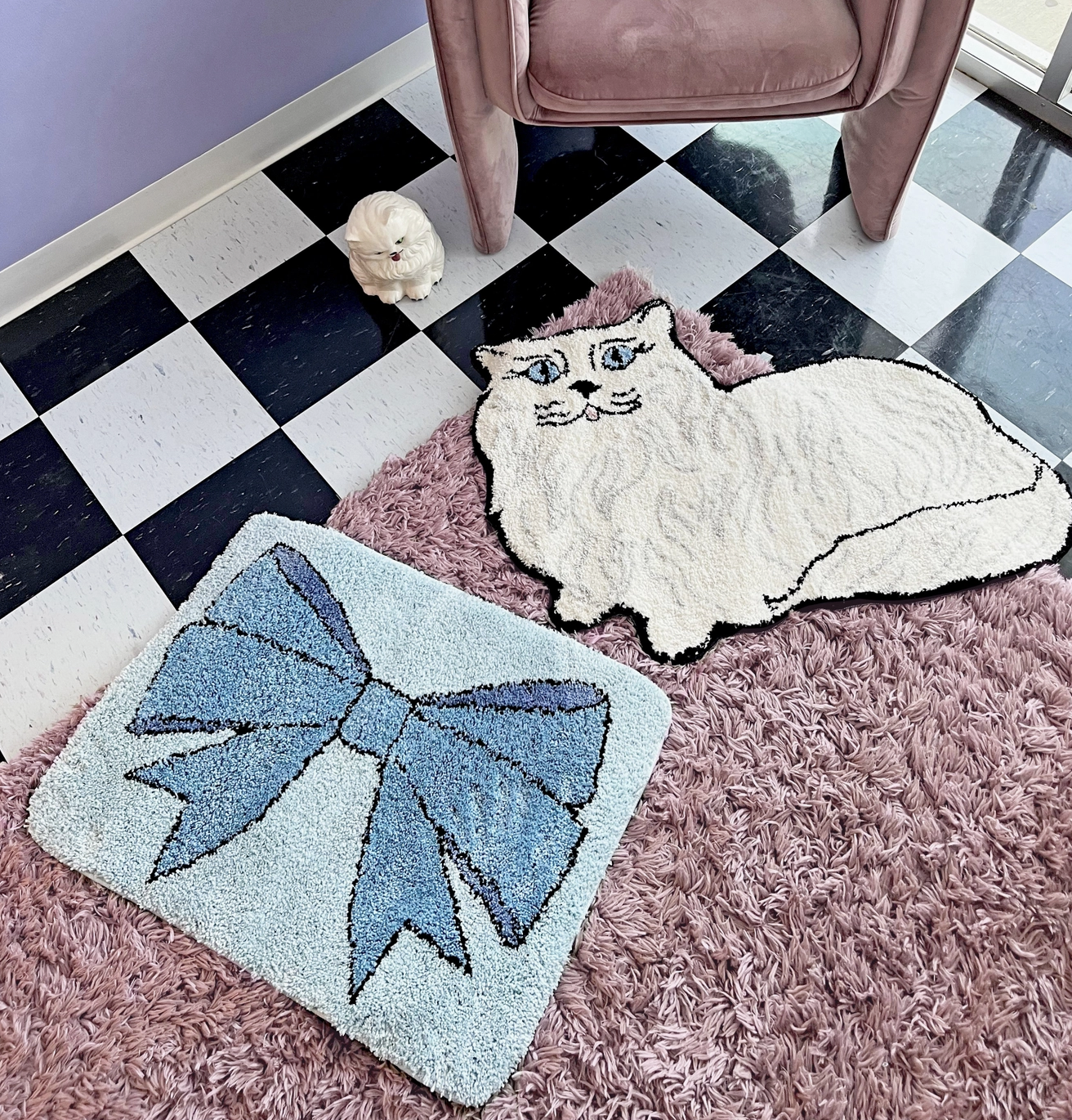 Blue Bow Design Polyester Bath Mat