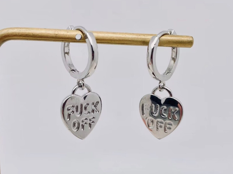 Fuck Off Silver Heart Earrings