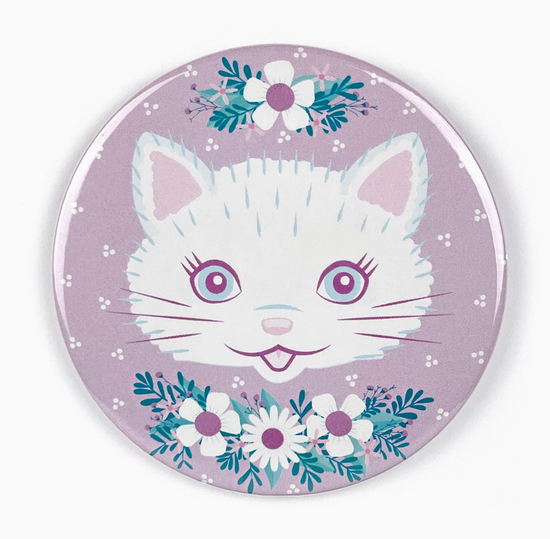 White Cat Floral Pocket Mirror