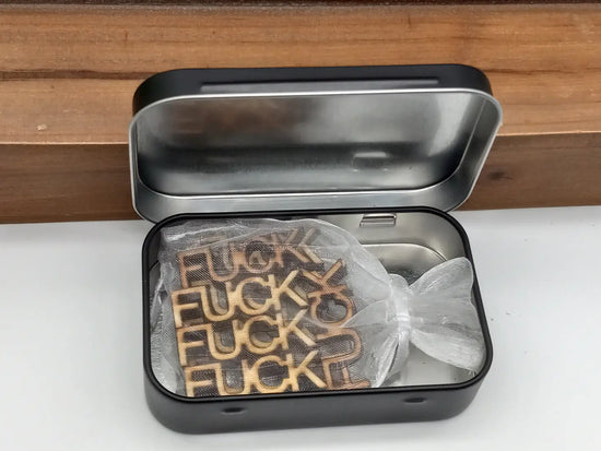 Load image into Gallery viewer, All The Fucks I Give Engraved Tin with Wooden Fucks
