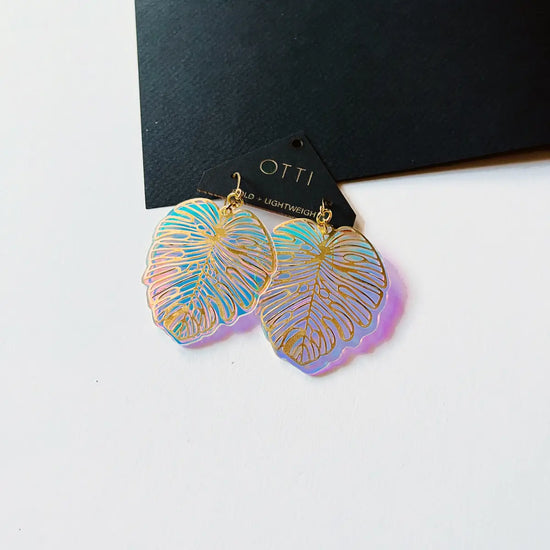 Load image into Gallery viewer, Monstera | Brass + Iridescent Acrylic Earrings (VEGAN!)
